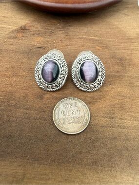 Silver-Tone Rope Frame Earrings with Purple cats eye Cabochon
